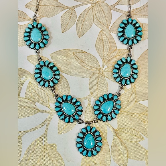VTG Navajo Sterling Silver Turquoise ClusterNecklace Signed Native American 50 g - Picture 1 of 10